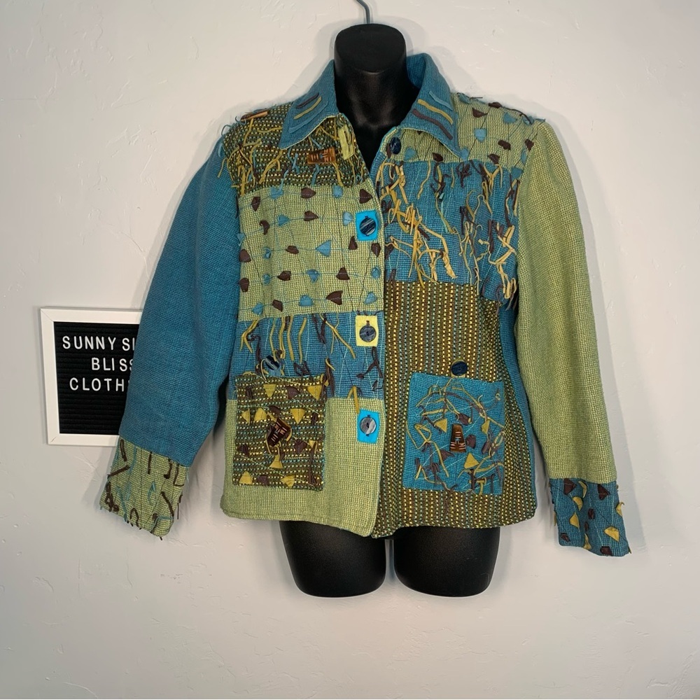 Vintage 90s Boho Patchwork Cotton Jacket Fringe B… - image 1